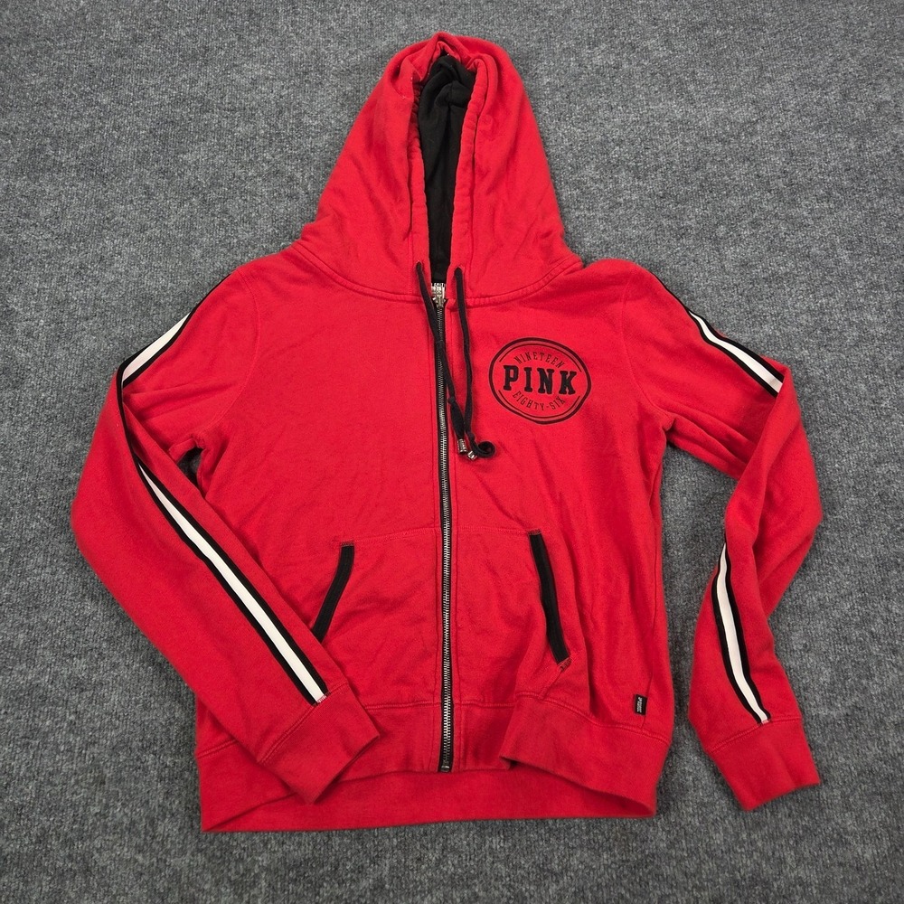 Victoria's Secret PINK red zip-up hoodie White Stripe Y2k Hooded Womens Large